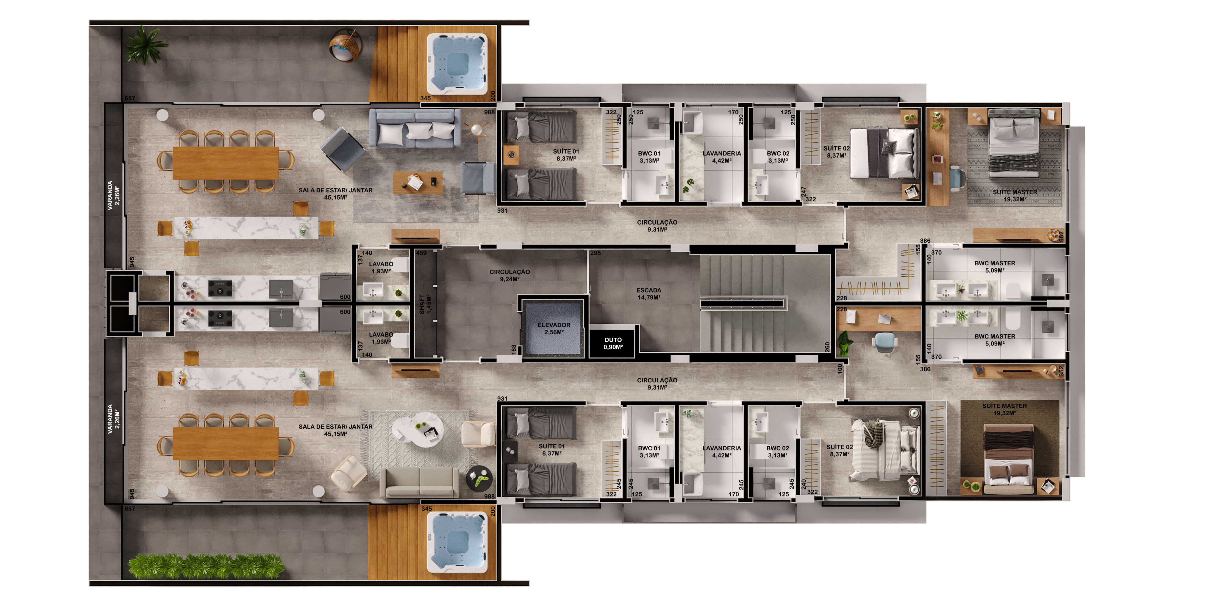 Planta do Apartamento Terraço – Unidades 201 e 202 – 147 m² e 149 m²