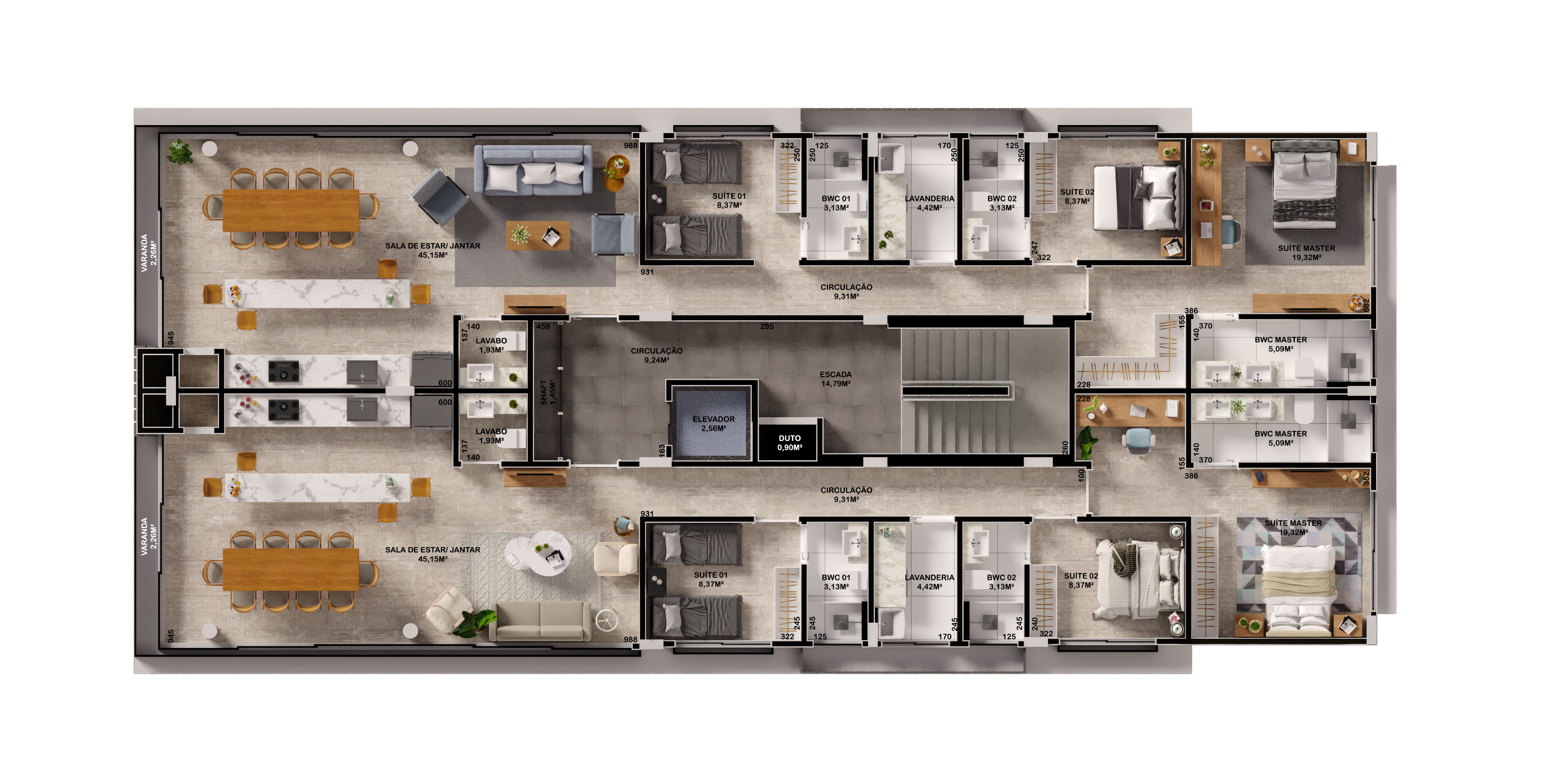 Planta do Apartamento Tipo – Unidades 301 a 602 – 127 m²